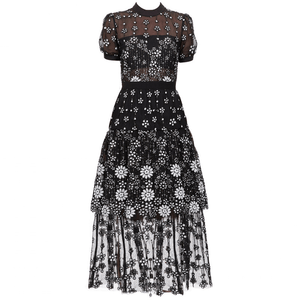 Antoinette Short sleeve Female Black flower Deco Sequin Crew Neck Midi Dress