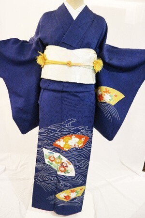きものサロンながしま 正絹付下レンタルフルセット「手描友禅　波流水と地紙に花」