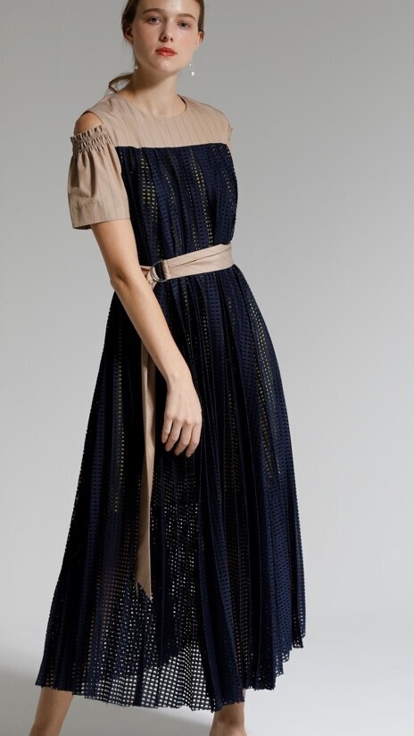 MIDDLA STRIPE/MESH LONG PLEATS ONEPIECE