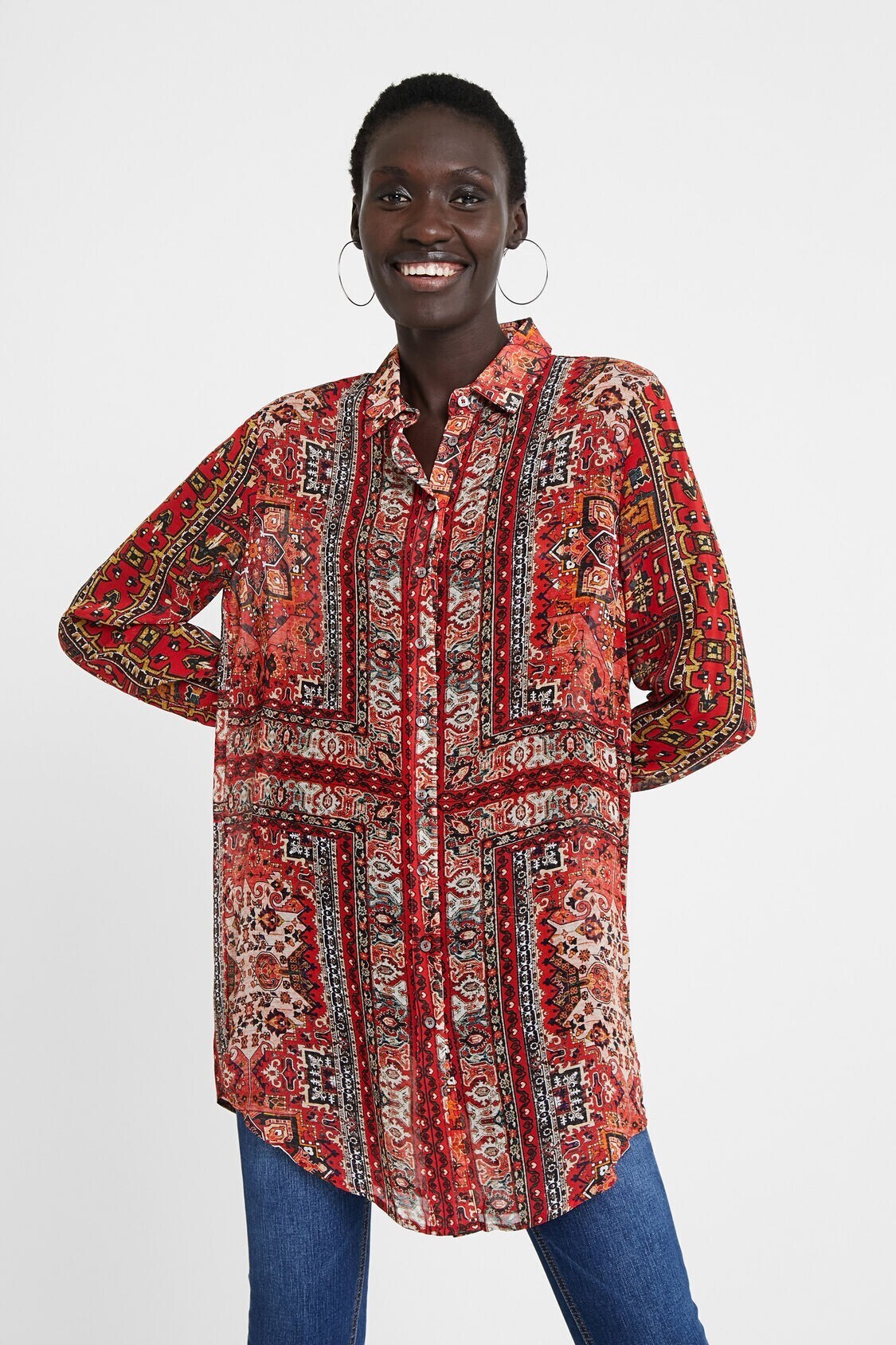 Desigual エスニック装飾柄 ロングシャツ