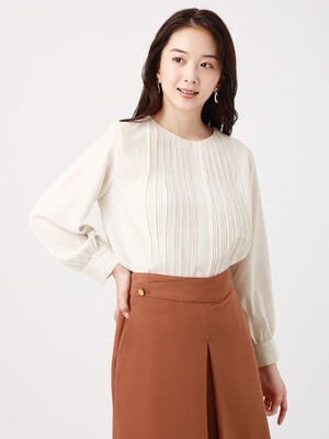 THE SUIT COMPANY ウォッシャブル/アムンゼンジョーゼット ラウンドネックフロントプリーツ9分袖ブラウス