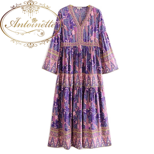 Antoinette Bohemia V neck Purple Leaves Floral print Dress Ethnic Woman Flare Long Sleeve Stitching Pleated Hem Dresses Holiday Beach