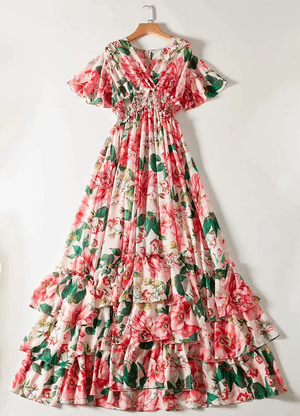 Antoinette V-neck Flare Sleeve Floral-Print Elasticated waist Cascading Ruffle Vacation Maxi Dresses