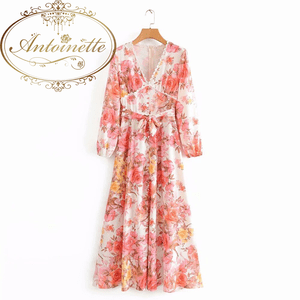 Antoinette Floral Print Long Maxi Dress Lady Lace Trim V Neck Long Sleeve Sashes
