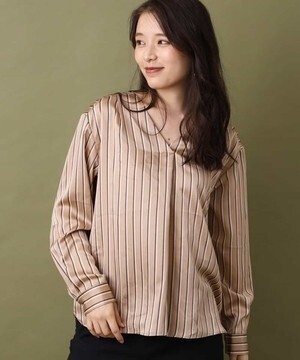 MK MICHEL KLEIN ダブルストライプ柄Vネックブラウス