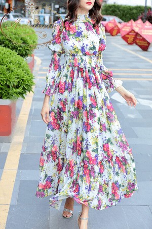Antoinette Women's Summer Beach Chiffon Maxi Dress Elegant Elasticity Waist Floral Print Runway Maxi Long Dress