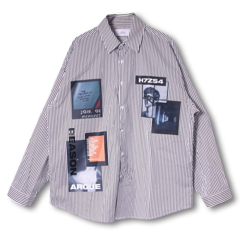 WARP L/S PHOTO COLLAGE SHIRTS WHITE BLACK STRIPE
