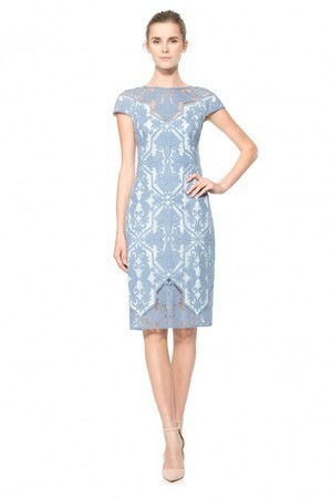 TADASHI SHOJI Blue Stone Cotton Embroidered Tulle Cap Sleeve Dress