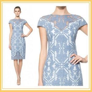 TADASHI SHOJI Blue Stone Embroidered Tulle Cap Sleeve Dress