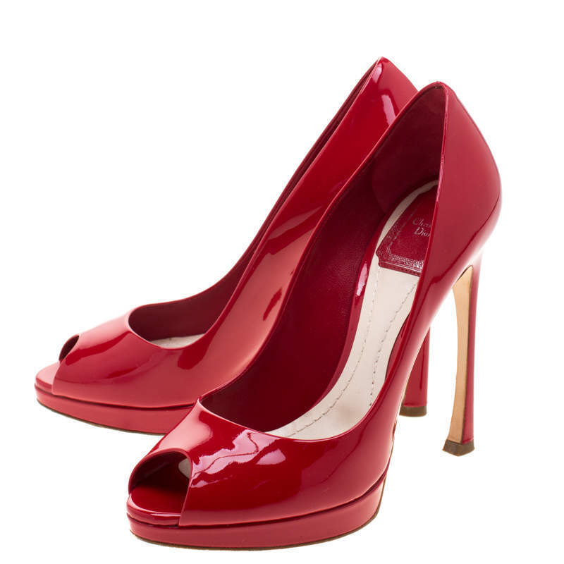 Christian Dior Rouge Red Patent Leather Peep Toe Pumps