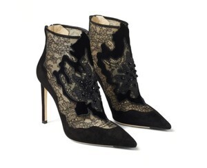 JIMMY CHOO LORRE 100 花飾り付き Black スエード × レース・アンクルブーツ