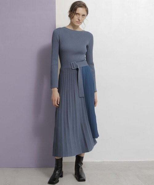 TONAL プリーツドッキングリブニットワンピース