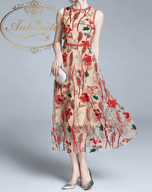 Antoinette ボタニカル ワンピース ノースリーブ レッド レディース 刺繍 Long one-piece Botanical Red vintage