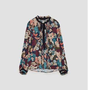ZARA ブラックリボン付き花柄ブラウス