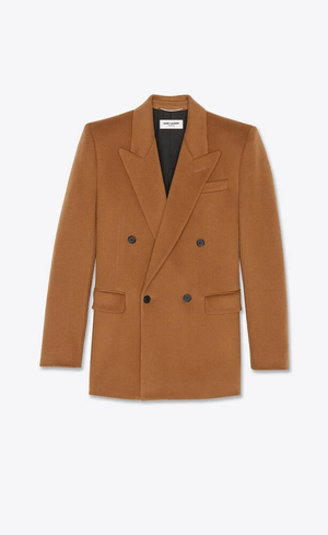 SAINT LAURENT ダブルブレステッド スクエアカット ロングジャケット(ウール&カシミアフランネル)