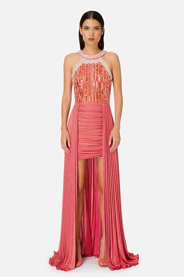ELISABETTA FRANCHI Dress with pleats and shiny embroideries