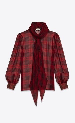 SAINT LAURENT LAVALLIÈRE-NECK BLOUSE IN PRINCE OF WALES CHECK SILK MUSLIN