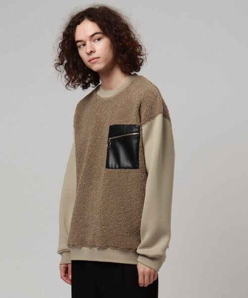 tk.TAKEO KIKUCHI ボア×シンセティックレザーポケットプルオーバー