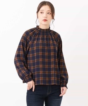 MK MICHEL KLEIN シャーリングハイネックチェック柄ブラウス