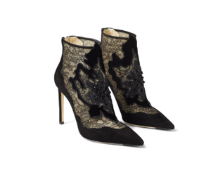 JIMMY CHOO LORRE 100 花飾り付き Black スエード × レース・アンクルブーツ