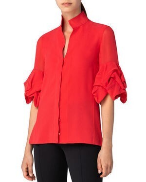 Akris Tiered-Sleeve Button-Front Collared Blouse
