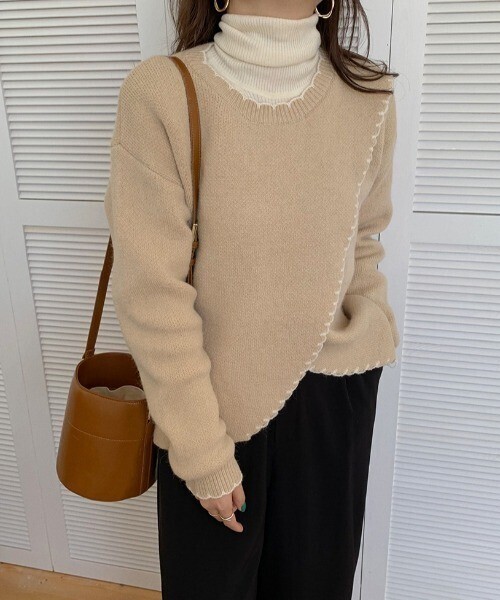 ABITOKYO ハンドステッチ風フリル配色ニットプルオーバー